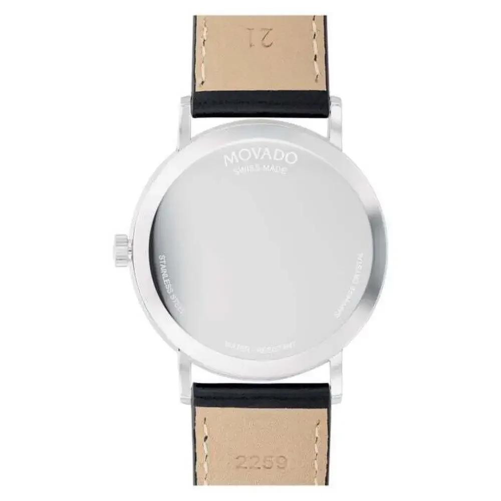MOVADO SIGNATURE 0607589 40MM BLACK LEATHER STRAP SILVER MENS WATCH